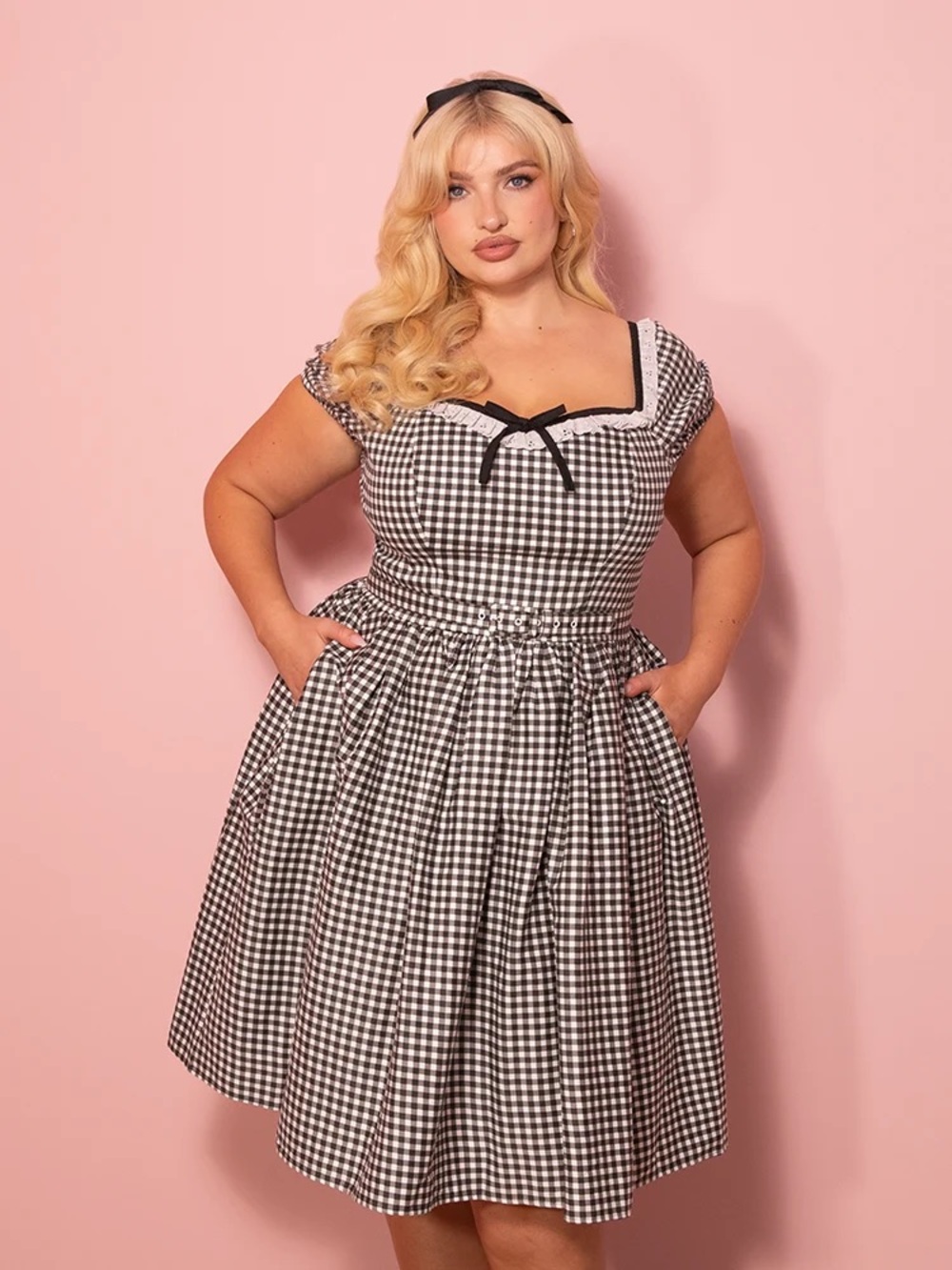 Vixen by Micheline Pitt Bardot Dress black white gingham 3XL nwt